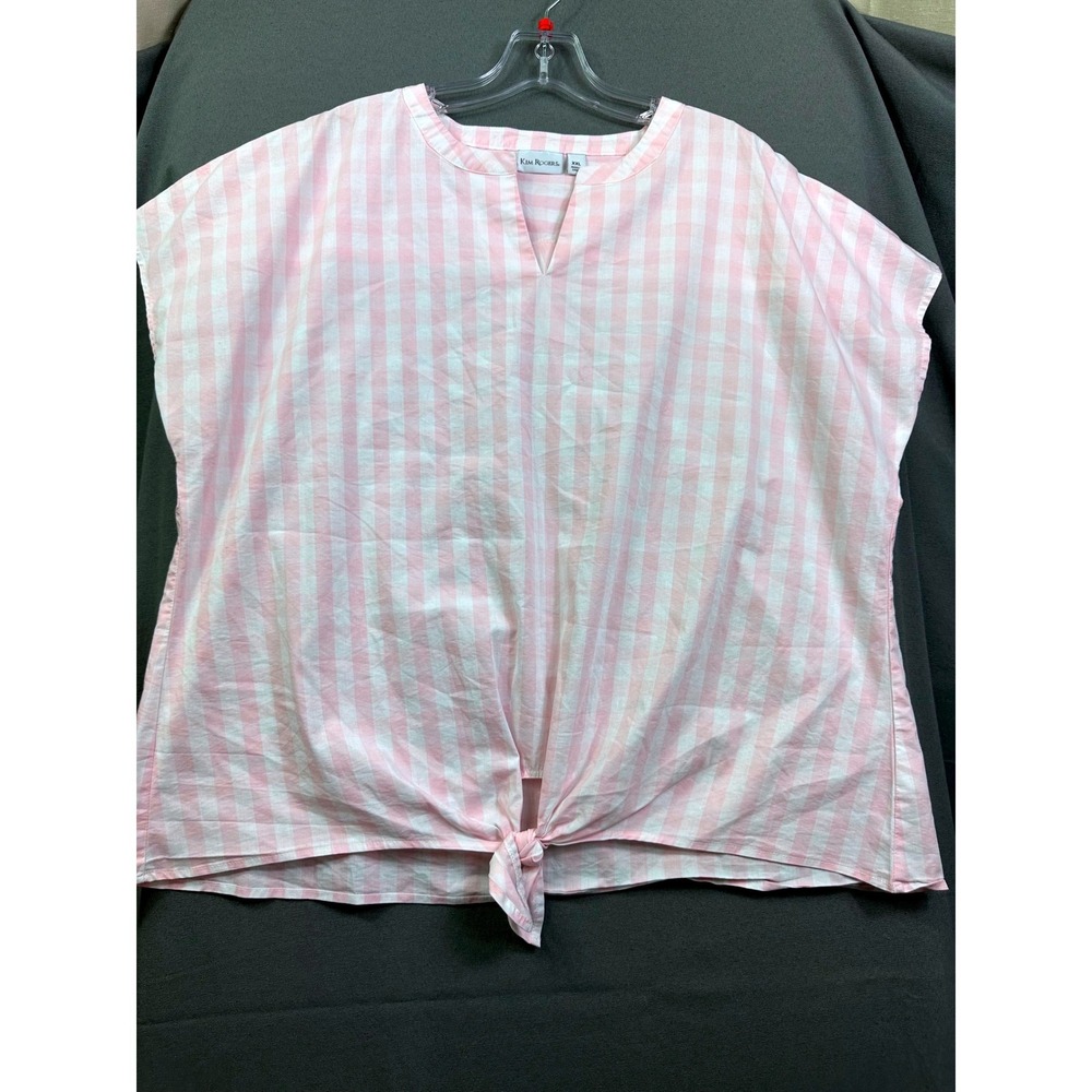 Kim Rogers Womens XXL Pink White Striped Tie Front V-Neck Short Sleeve Blouse